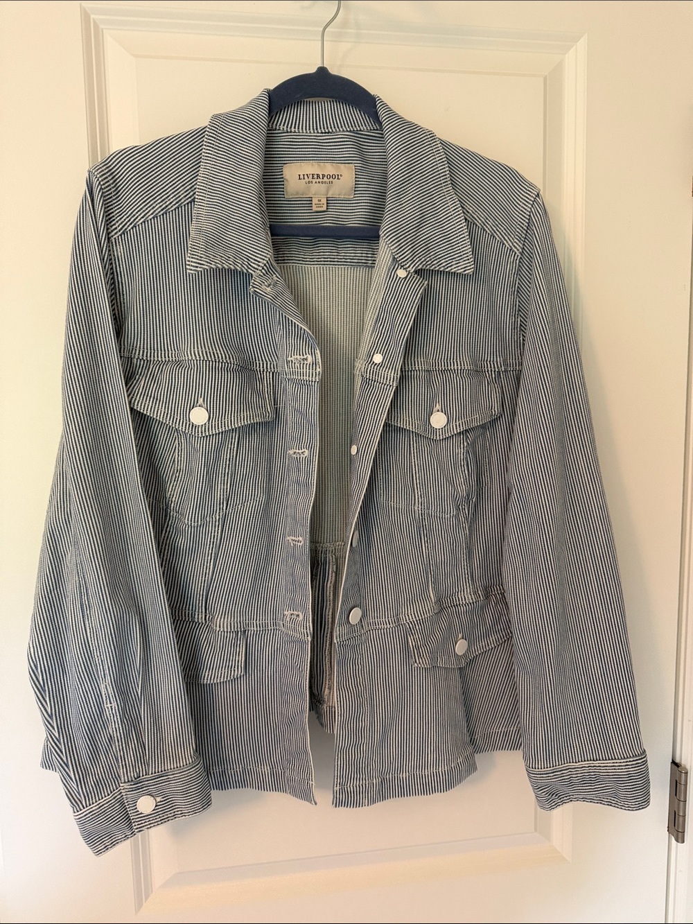 Liverpool Blue/White Pinstriped Denim Jacket with Peplum Waist